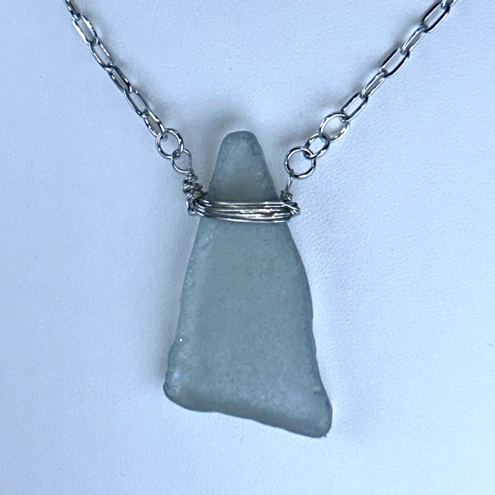 Artisan Handmade Wire Wrapped Blue Sea Glass Pendant On Stainless Steel Chain